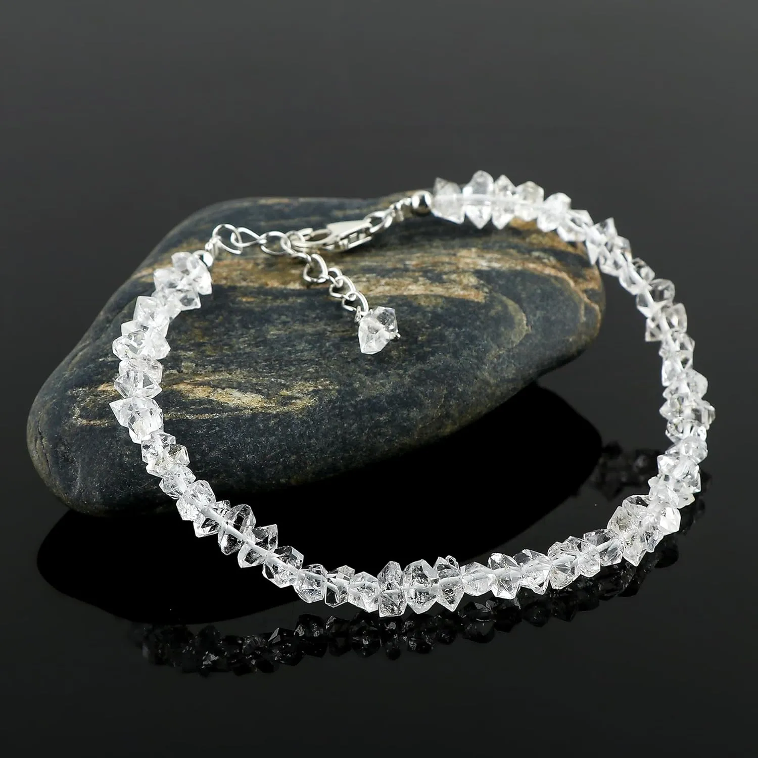 CRYSTALIS Natural Raw Herkimer Diamond Quartz Uncut Nuggets Adjustable Bracelet, High Grade Gemstones, Chakra Healing Stones, Gift Giving Jewelry, 925 Sterling Silver Womens Bracelet 8 inch