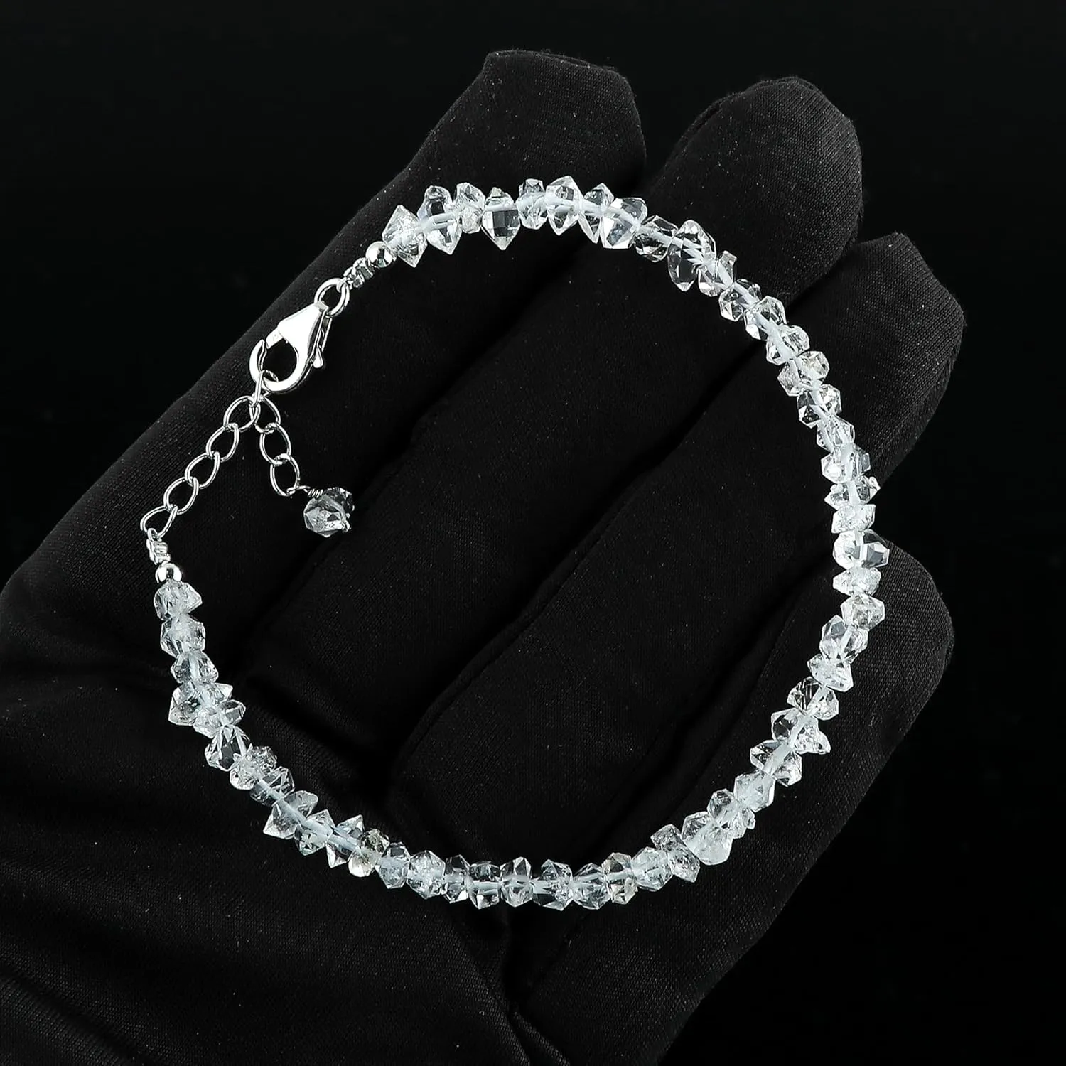 CRYSTALIS Natural Raw Herkimer Diamond Quartz Uncut Nuggets Adjustable Bracelet, High Grade Gemstones, Chakra Healing Stones, Gift Giving Jewelry, 925 Sterling Silver Womens Bracelet 8 inch