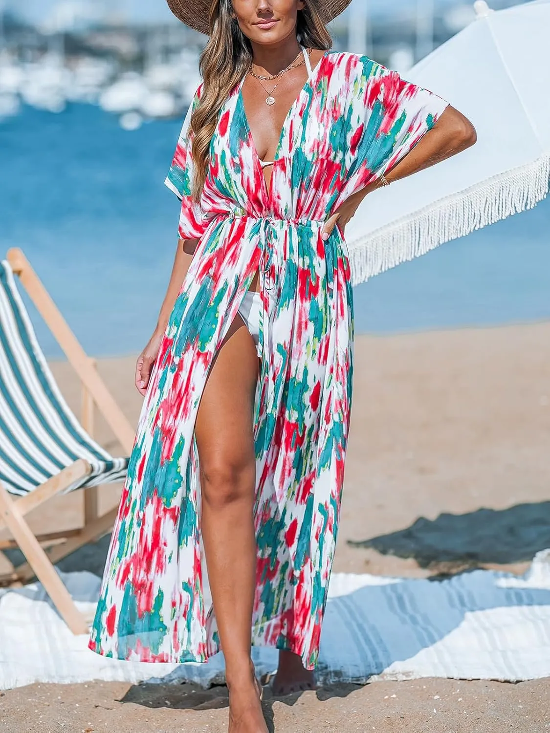 CUPSHE Kimono Swimsuit Coverup for Women Open Front Striped Maxi Cardigan Beach Cover Up