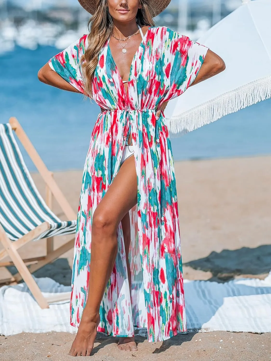 CUPSHE Kimono Swimsuit Coverup for Women Open Front Striped Maxi Cardigan Beach Cover Up