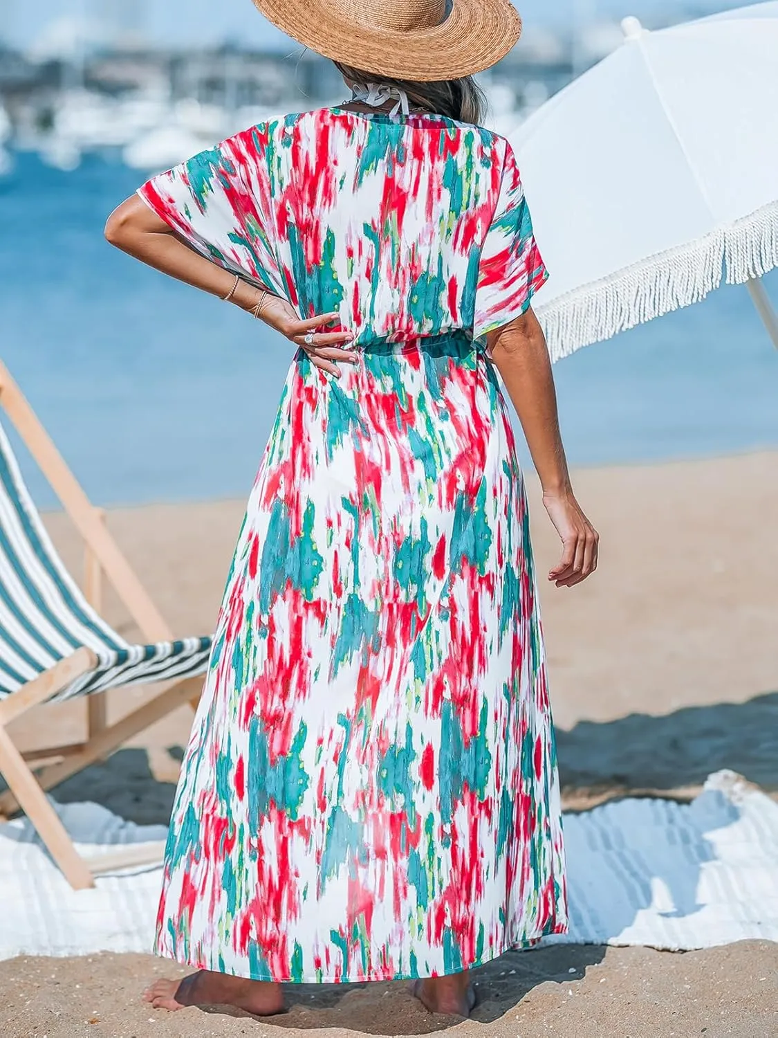 CUPSHE Kimono Swimsuit Coverup for Women Open Front Striped Maxi Cardigan Beach Cover Up