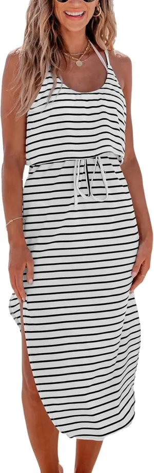CUPSHE Women's Midi Dress Scoop Neck Ruffled Sleeveless Slit Drawstring Spaghetti Straps A Line Casual Dress