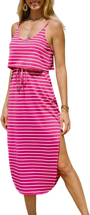 CUPSHE Women's Midi Dress Scoop Neck Ruffled Sleeveless Slit Drawstring Spaghetti Straps A Line Casual Dress