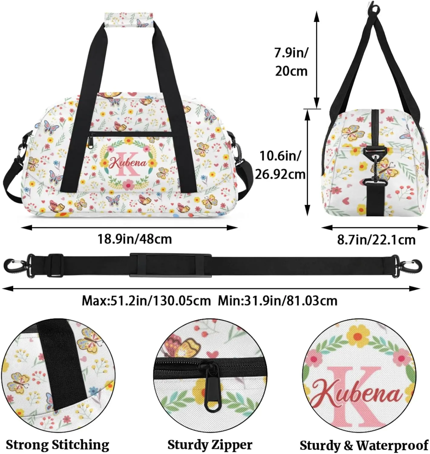 Custom Dance-Ballet-Bags Girls Cute Flower Duffel-Bags, Personalized Kids Sport Gym Duffel Bags With Name Initial for Travel Weekender