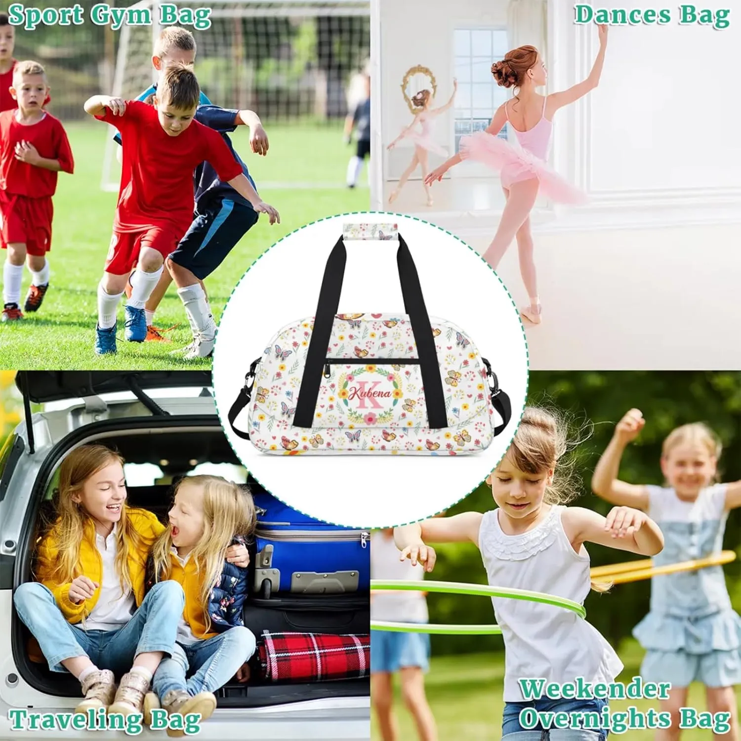 Custom Dance-Ballet-Bags Girls Cute Flower Duffel-Bags, Personalized Kids Sport Gym Duffel Bags With Name Initial for Travel Weekender