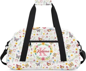Custom Dance-Ballet-Bags Girls Cute Flower Duffel-Bags, Personalized Kids Sport Gym Duffel Bags With Name Initial for Travel Weekender