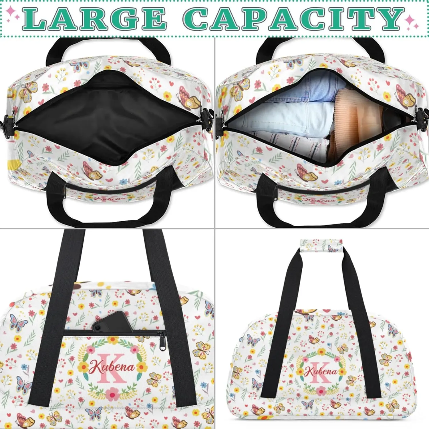 Custom Dance-Ballet-Bags Girls Cute Flower Duffel-Bags, Personalized Kids Sport Gym Duffel Bags With Name Initial for Travel Weekender