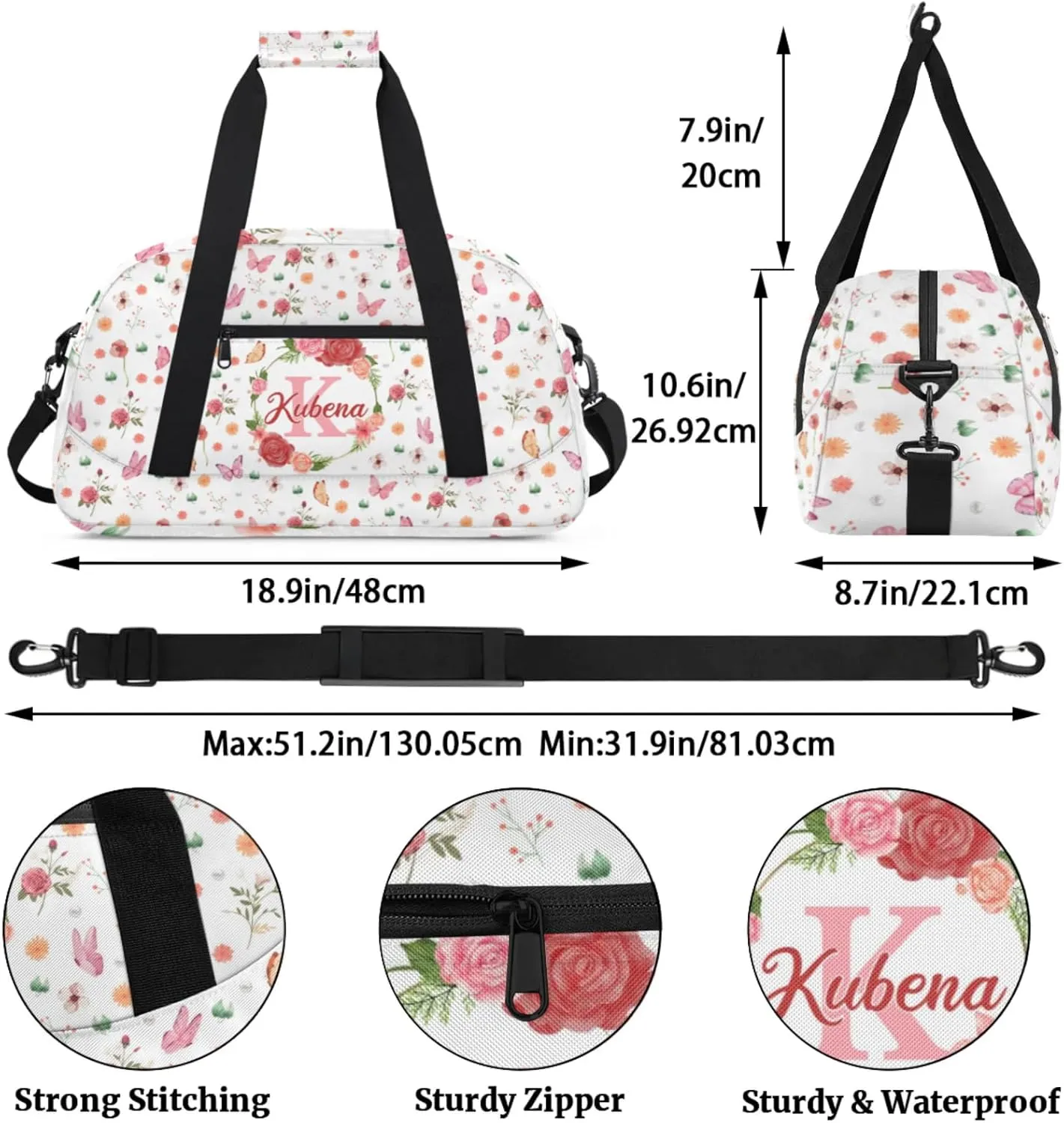 Custom Dance-Ballet-Bags Girls Flower Duffel-Bags, Personalized Kids Sport Gym Duffel Bags With Name Initial for Travel Weekender