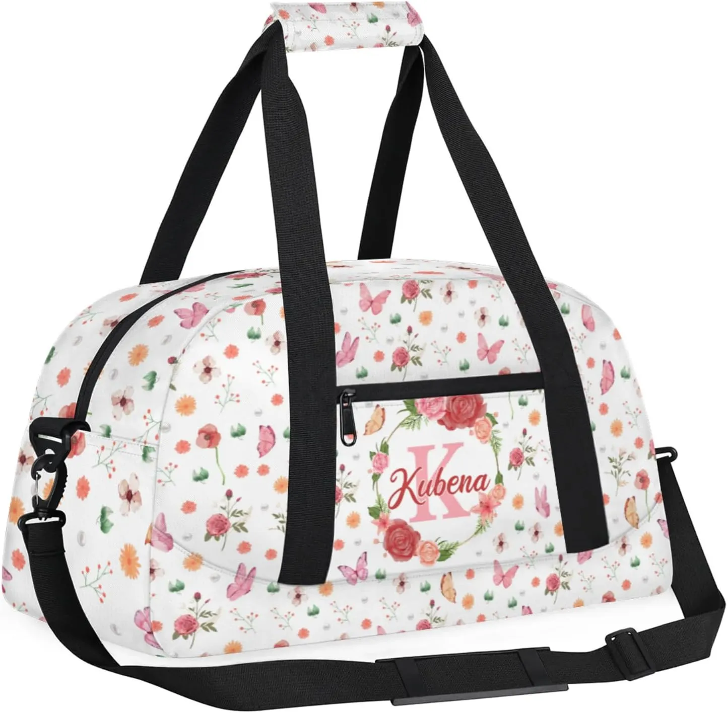 Custom Dance-Ballet-Bags Girls Flower Duffel-Bags, Personalized Kids Sport Gym Duffel Bags With Name Initial for Travel Weekender