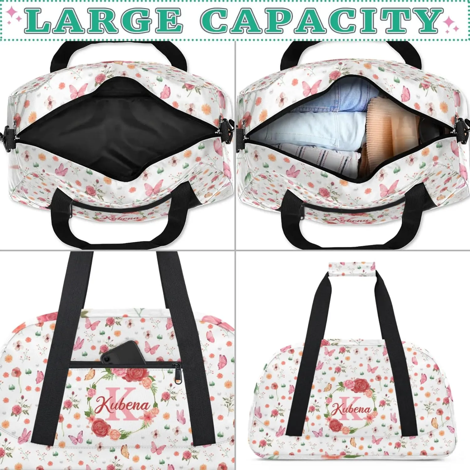 Custom Dance-Ballet-Bags Girls Flower Duffel-Bags, Personalized Kids Sport Gym Duffel Bags With Name Initial for Travel Weekender
