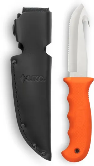 Cutco 5717 Gut Hook with 4.8" ORANGE Handle and 4.4" Double-D Serrated Edge, with Leather Sheath and Lanyard