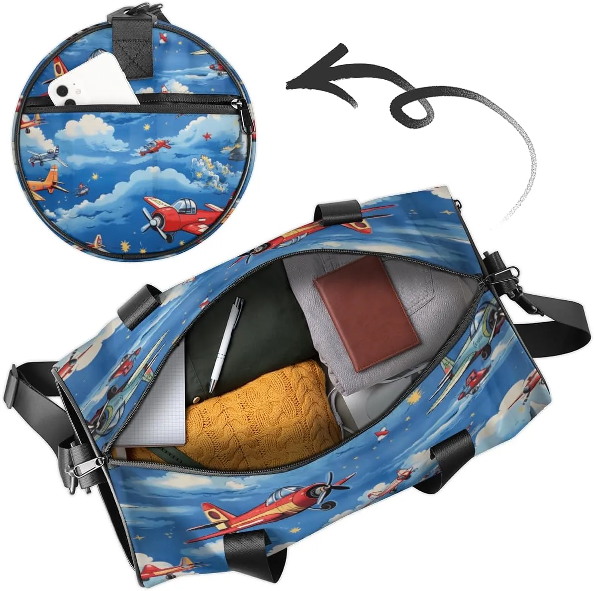 Cute Airplane Helicopter Pattern Custom Duffel Bags Weekender Bags Custom Sport Duffel Bag Carry on Overnight Weekender Bag