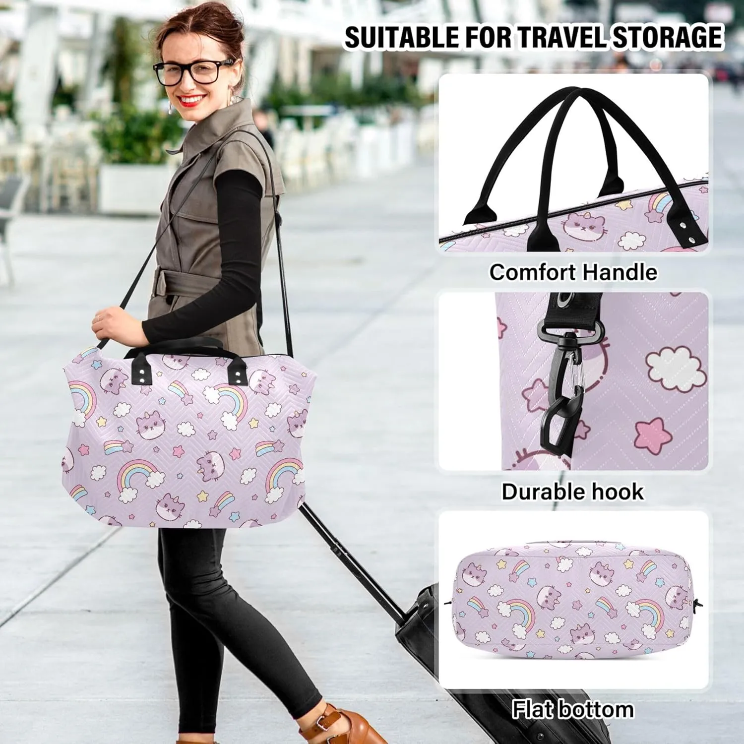 Cute Cat Caticorn Kitten Unicorn Duffle Bag Travel Makeup Bag Set, Painting Womens Gym Duffle Bag Carry on Tote
