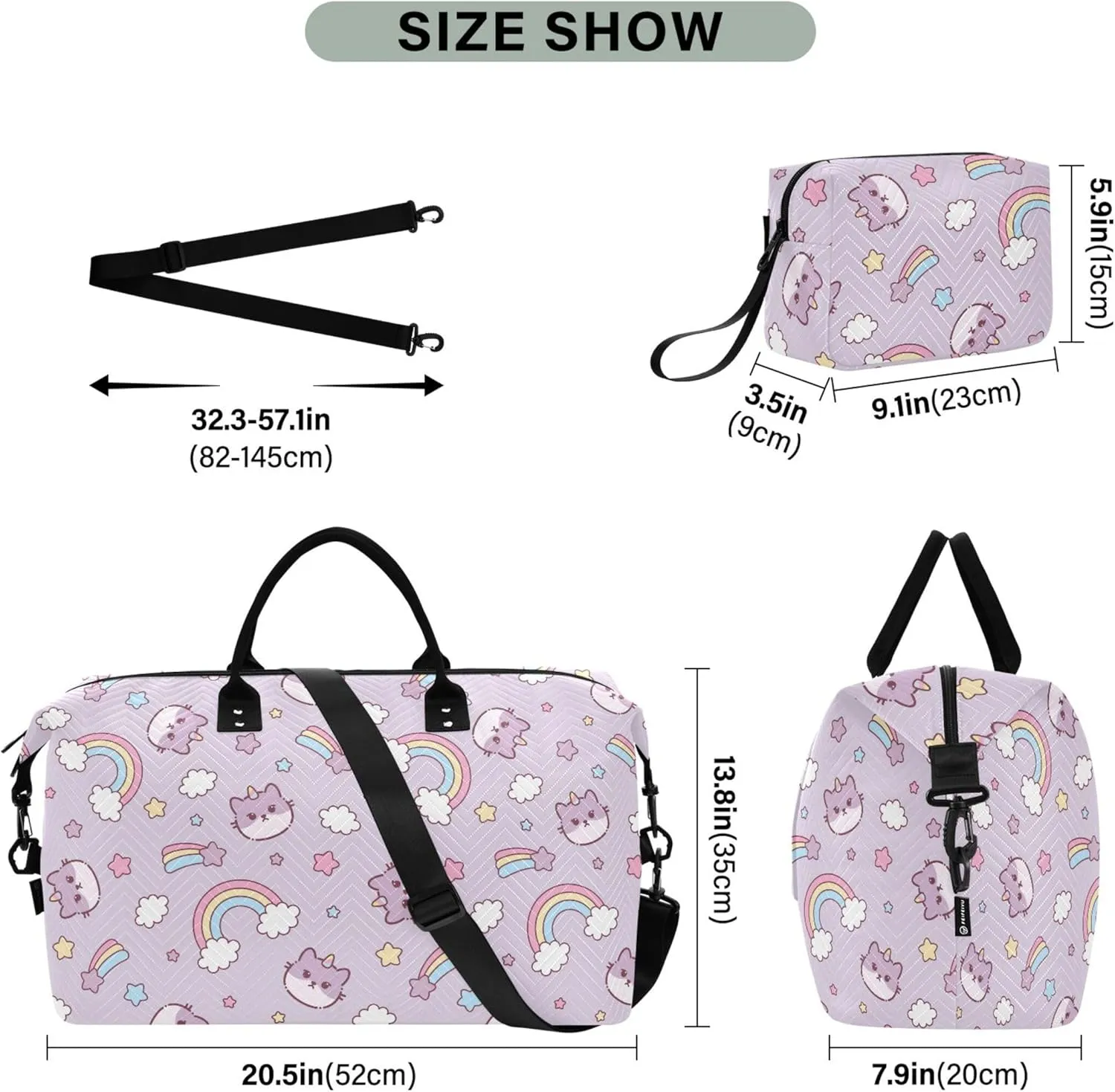 Cute Cat Caticorn Kitten Unicorn Duffle Bag Travel Makeup Bag Set, Painting Womens Gym Duffle Bag Carry on Tote