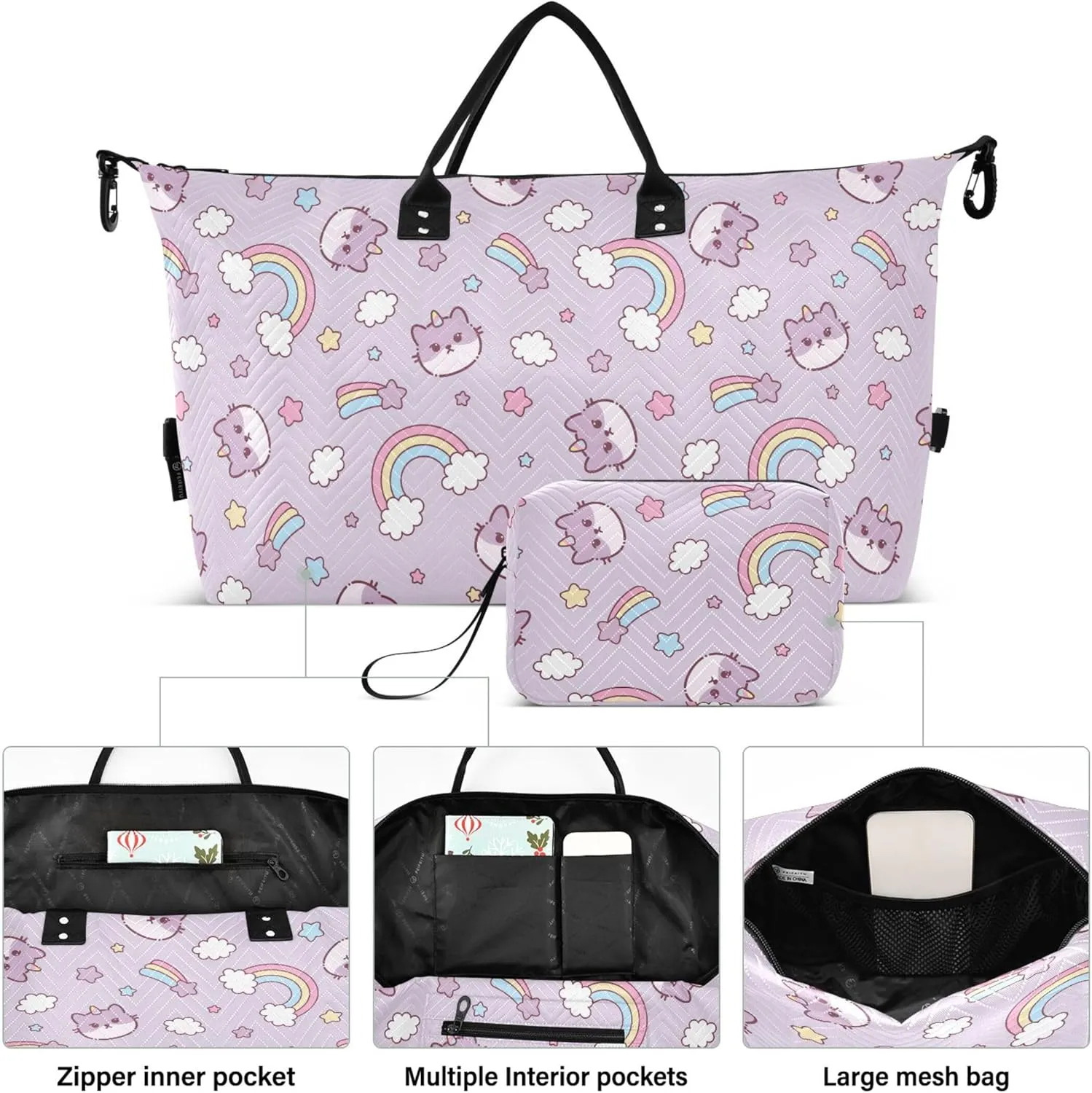 Cute Cat Caticorn Kitten Unicorn Duffle Bag Travel Makeup Bag Set, Painting Womens Gym Duffle Bag Carry on Tote