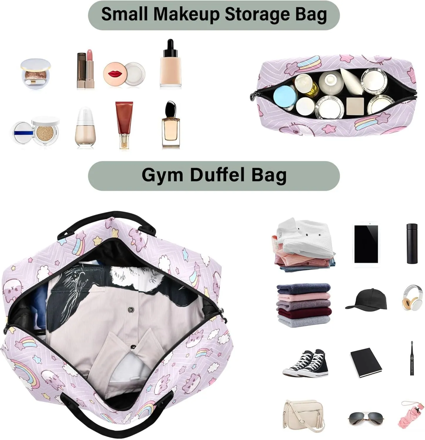 Cute Cat Caticorn Kitten Unicorn Duffle Bag Travel Makeup Bag Set, Painting Womens Gym Duffle Bag Carry on Tote