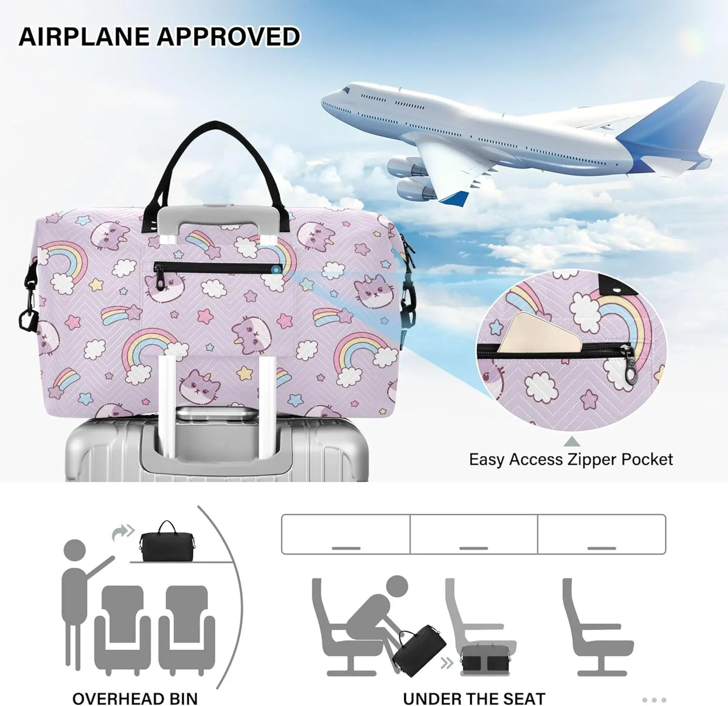 Cute Cat Caticorn Kitten Unicorn Duffle Bag Travel Makeup Bag Set, Painting Womens Gym Duffle Bag Carry on Tote