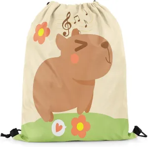 Cute Rodent Animal Capybara Drawstring Backpack,Flower Notes Reversible Drawstring Bags 13X15.7,Funny Capybara String Backpack,Kawaii Pet Animal Draw String Back Bag