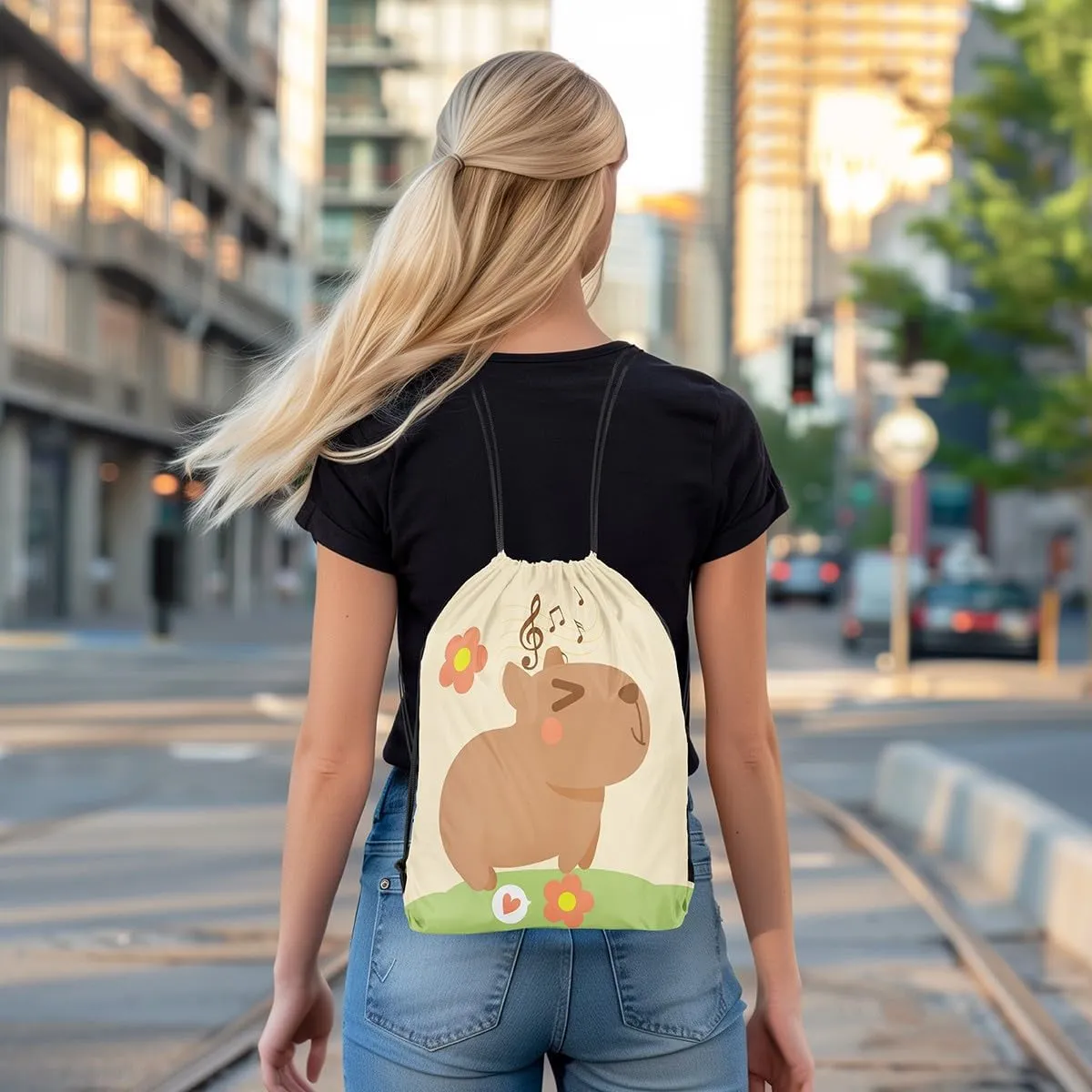 Cute Rodent Animal Capybara Drawstring Backpack,Flower Notes Reversible Drawstring Bags 13X15.7,Funny Capybara String Backpack,Kawaii Pet Animal Draw String Back Bag