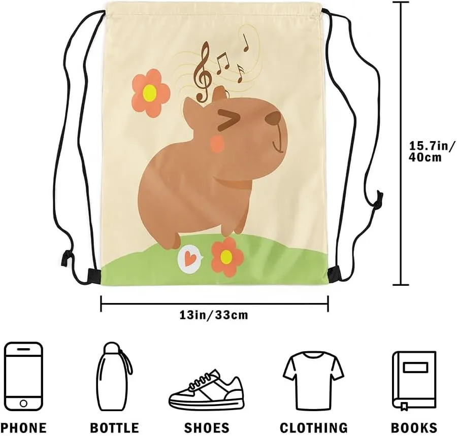 Cute Rodent Animal Capybara Drawstring Backpack,Flower Notes Reversible Drawstring Bags 13X15.7,Funny Capybara String Backpack,Kawaii Pet Animal Draw String Back Bag