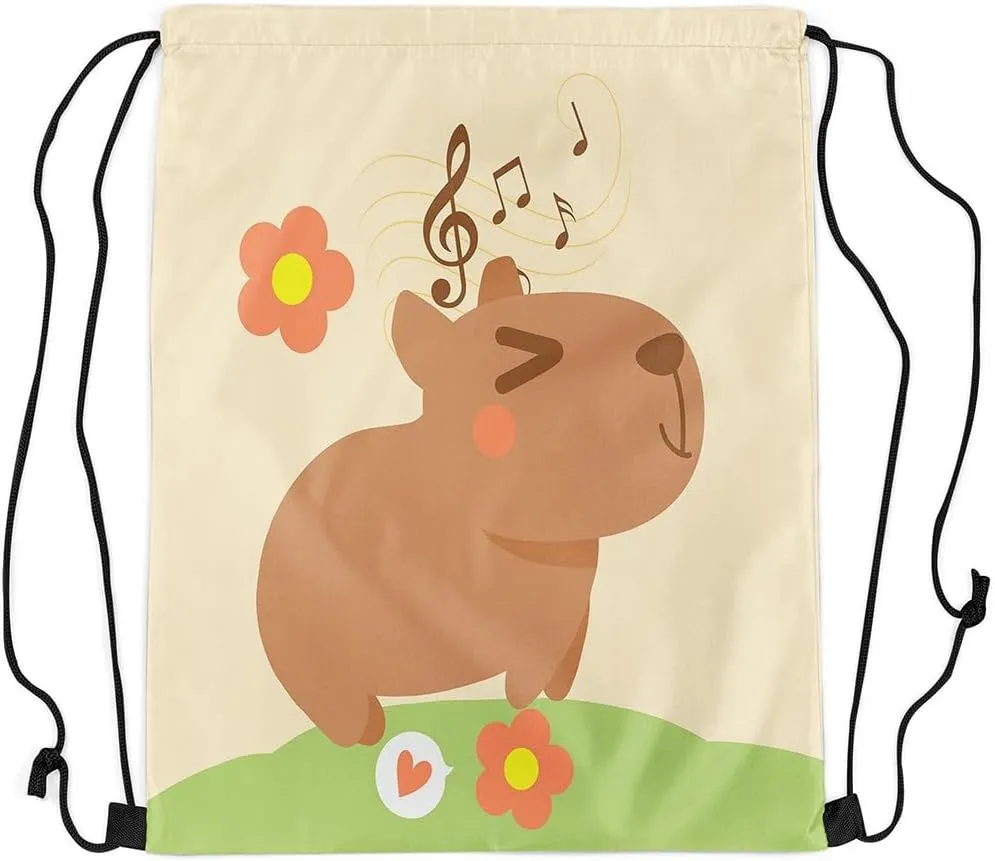 Cute Rodent Animal Capybara Drawstring Backpack,Flower Notes Reversible Drawstring Bags 13X15.7,Funny Capybara String Backpack,Kawaii Pet Animal Draw String Back Bag