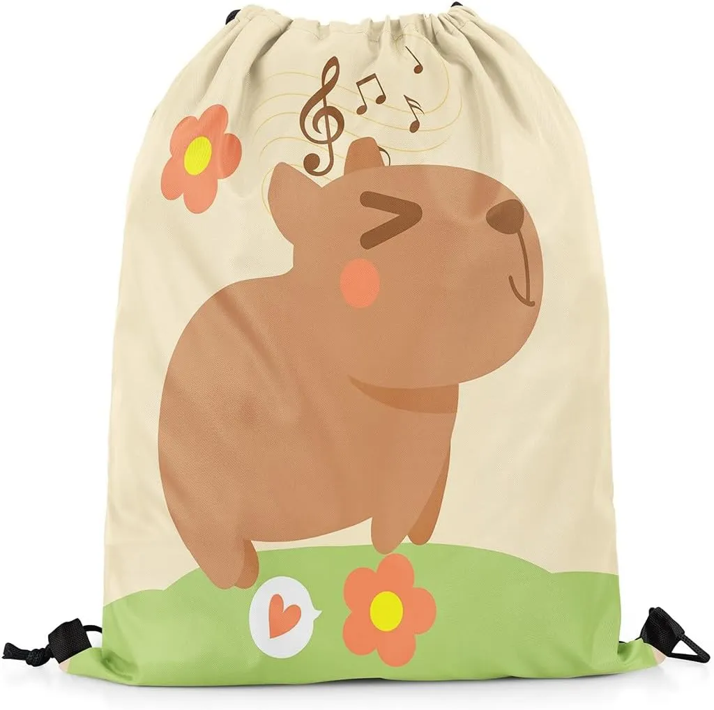 Cute Rodent Animal Capybara Drawstring Backpack,Flower Notes Reversible Drawstring Bags 13X15.7,Funny Capybara String Backpack,Kawaii Pet Animal Draw String Back Bag