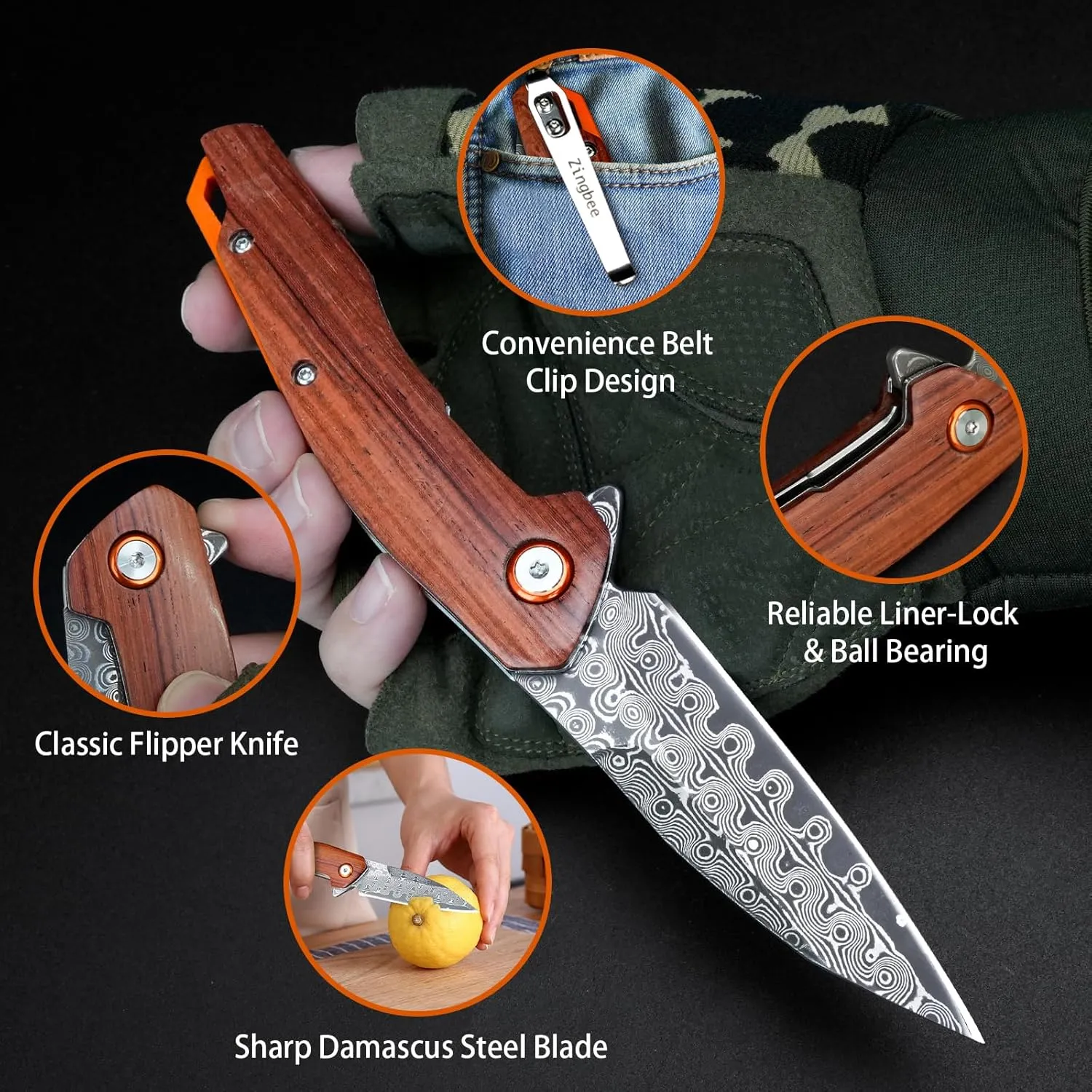 Damascus Pocket Knife for Men Women 3.03" Damascus Blade Folding Knife for EDC Outdoor Fishing Camping Hiking Wooden Handle Pocket Knives with Leather Sheath