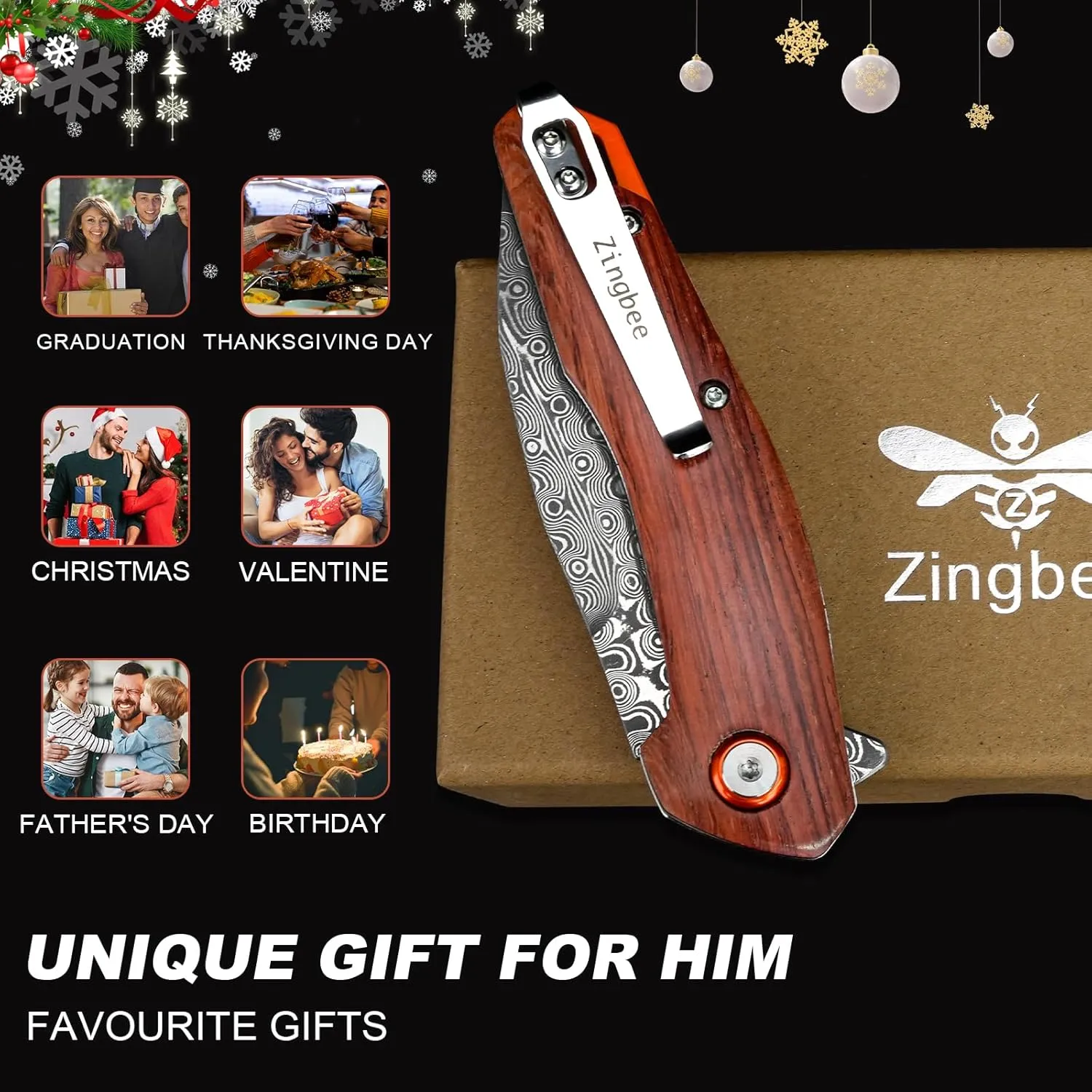 Damascus Pocket Knife for Men Women 3.03" Damascus Blade Folding Knife for EDC Outdoor Fishing Camping Hiking Wooden Handle Pocket Knives with Leather Sheath