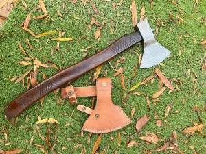 Damascus Steel Axe Tomahawk Hatchet Integral Viking Throwing Carved Handle with Leather Sheath 18 inches