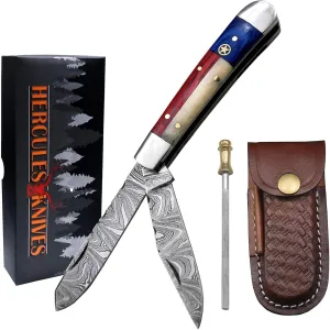 Damascus Steel Pocket Folding Knife, Trapper folding knife, Knife Leather Sheath, Custom Hand Forged knives for Outdoor Survival Hunting, Camping, edc & Hiking, Edge Sharpner Rod (TEXAS FLAG HANDLE)