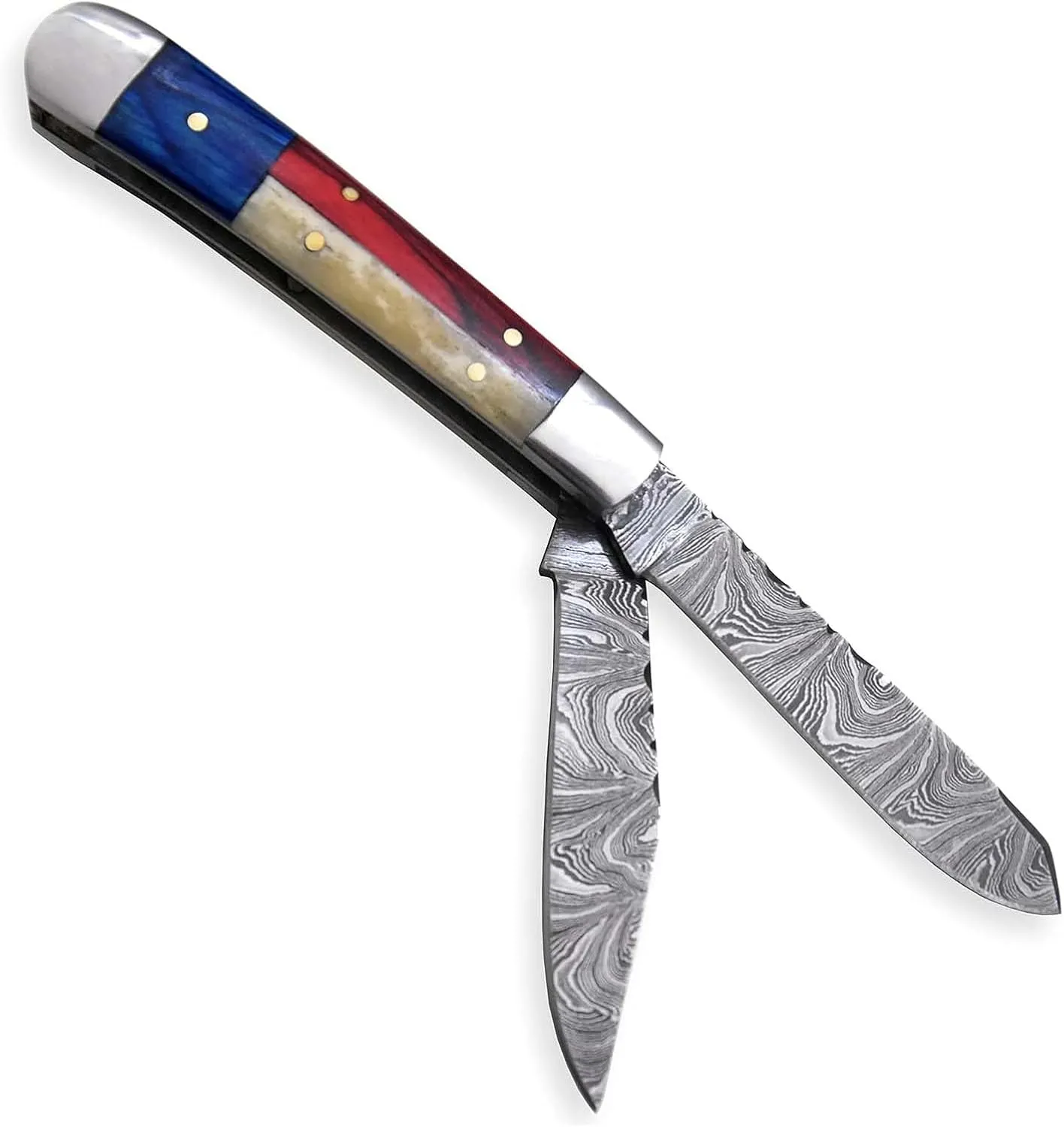 Damascus Steel Pocket Folding Knife, Trapper folding knife, Knife Leather Sheath, Custom Hand Forged knives for Outdoor Survival Hunting, Camping, edc & Hiking, Edge Sharpner Rod (TEXAS FLAG HANDLE)