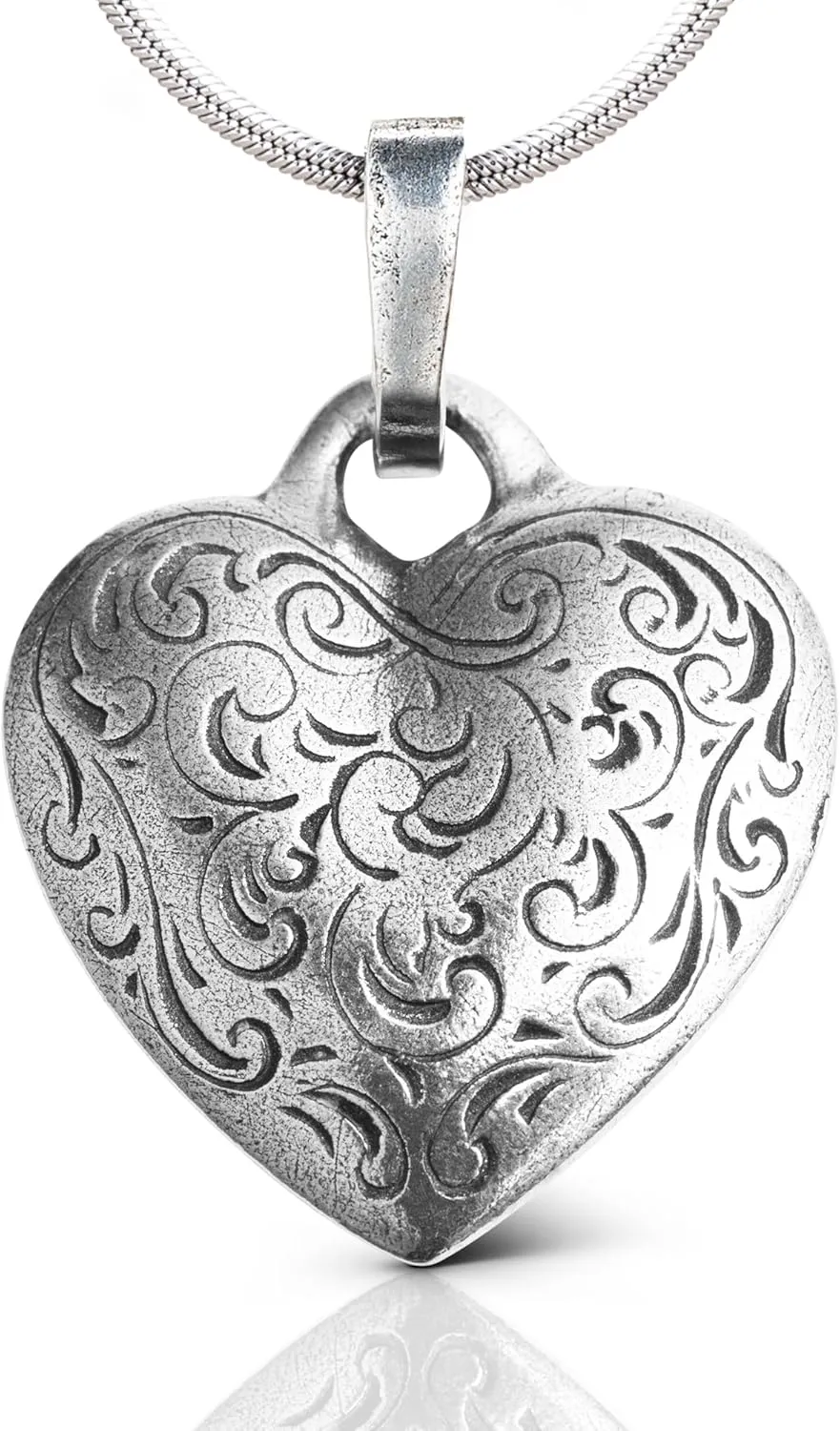 DANFORTH – Florentine Heart Pewter Necklace – Romantic Jewelry – Handmade Heart Charm (1”) On Sterling Silver Snake Chain (18”) – Made In USA
