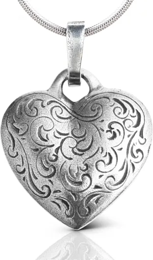 DANFORTH – Florentine Heart Pewter Necklace – Romantic Jewelry – Handmade Heart Charm (1”) On Sterling Silver Snake Chain (18”) – Made In USA