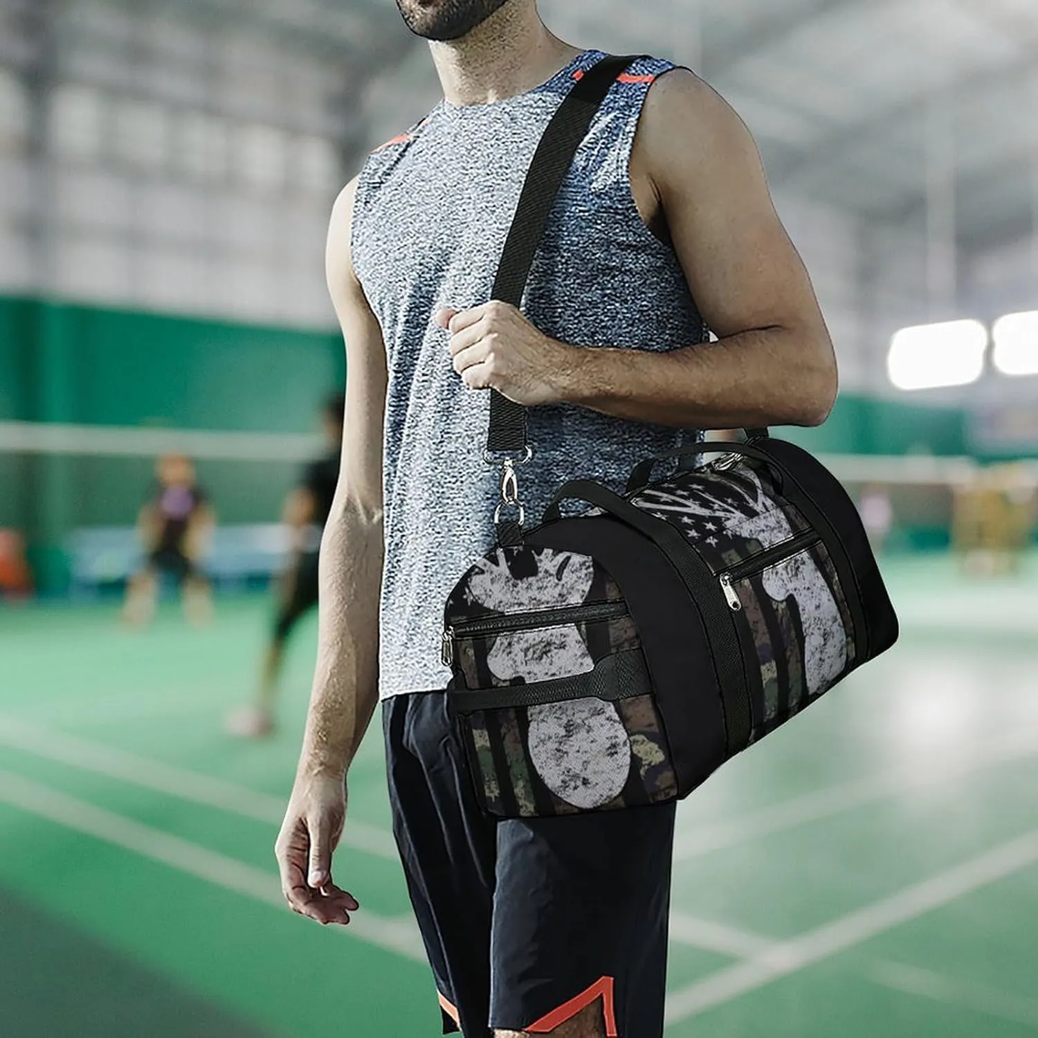 Deer Camo Camouflage American Flag Hunting Black Pattern A Fitness Bag with Large Storage Space Is Suitable for Portable Outdoor Use