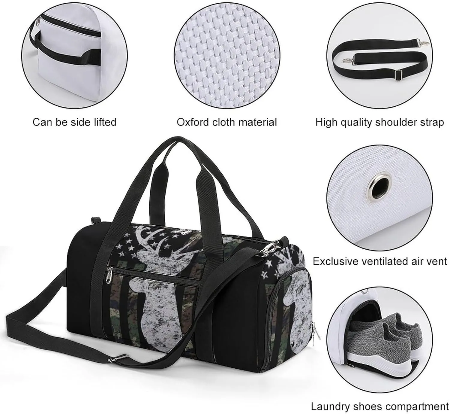 Deer Camo Camouflage American Flag Hunting Black Pattern A Fitness Bag with Large Storage Space Is Suitable for Portable Outdoor Use