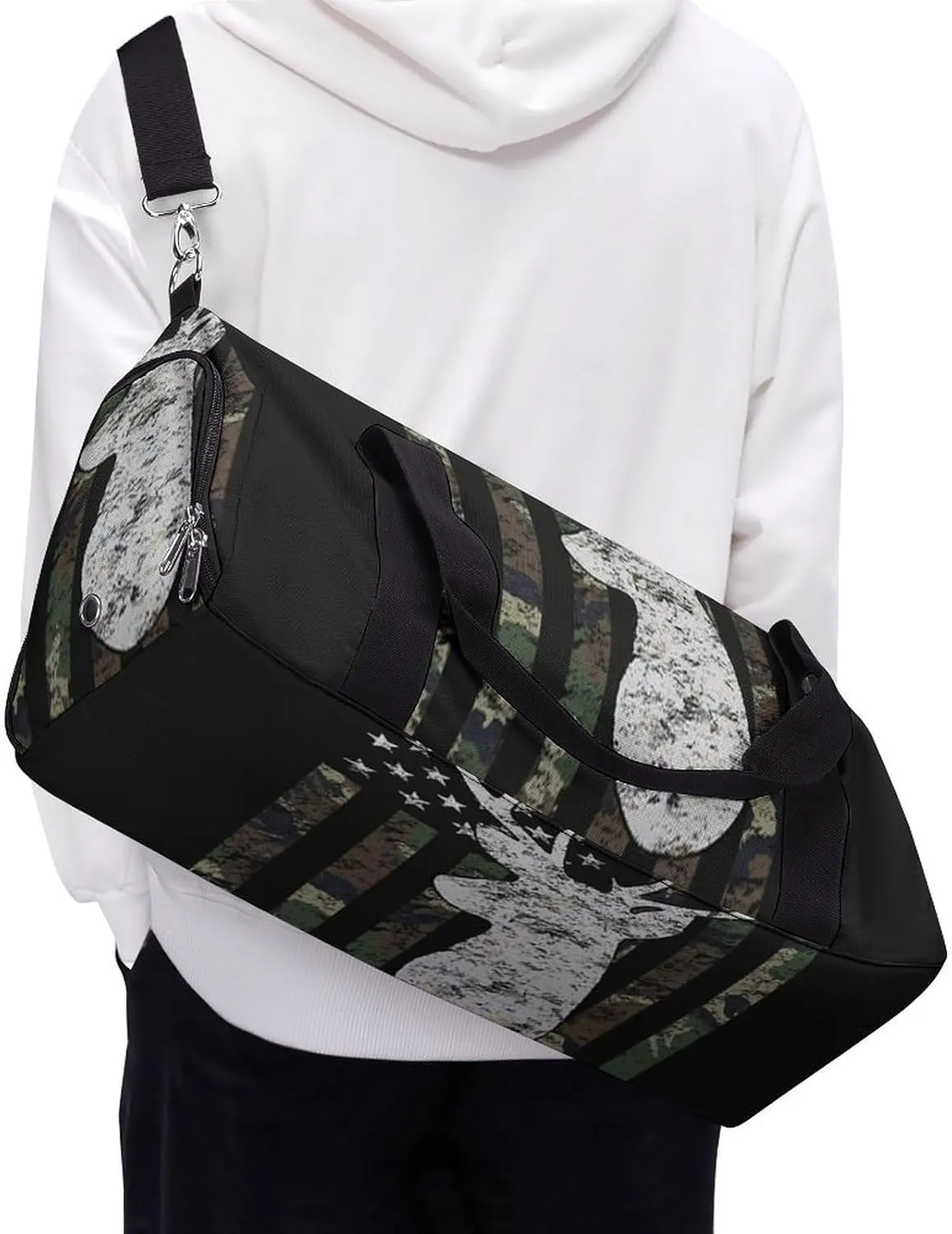 Deer Camo Camouflage American Flag Hunting Black Pattern A Fitness Bag with Large Storage Space Is Suitable for Portable Outdoor Use
