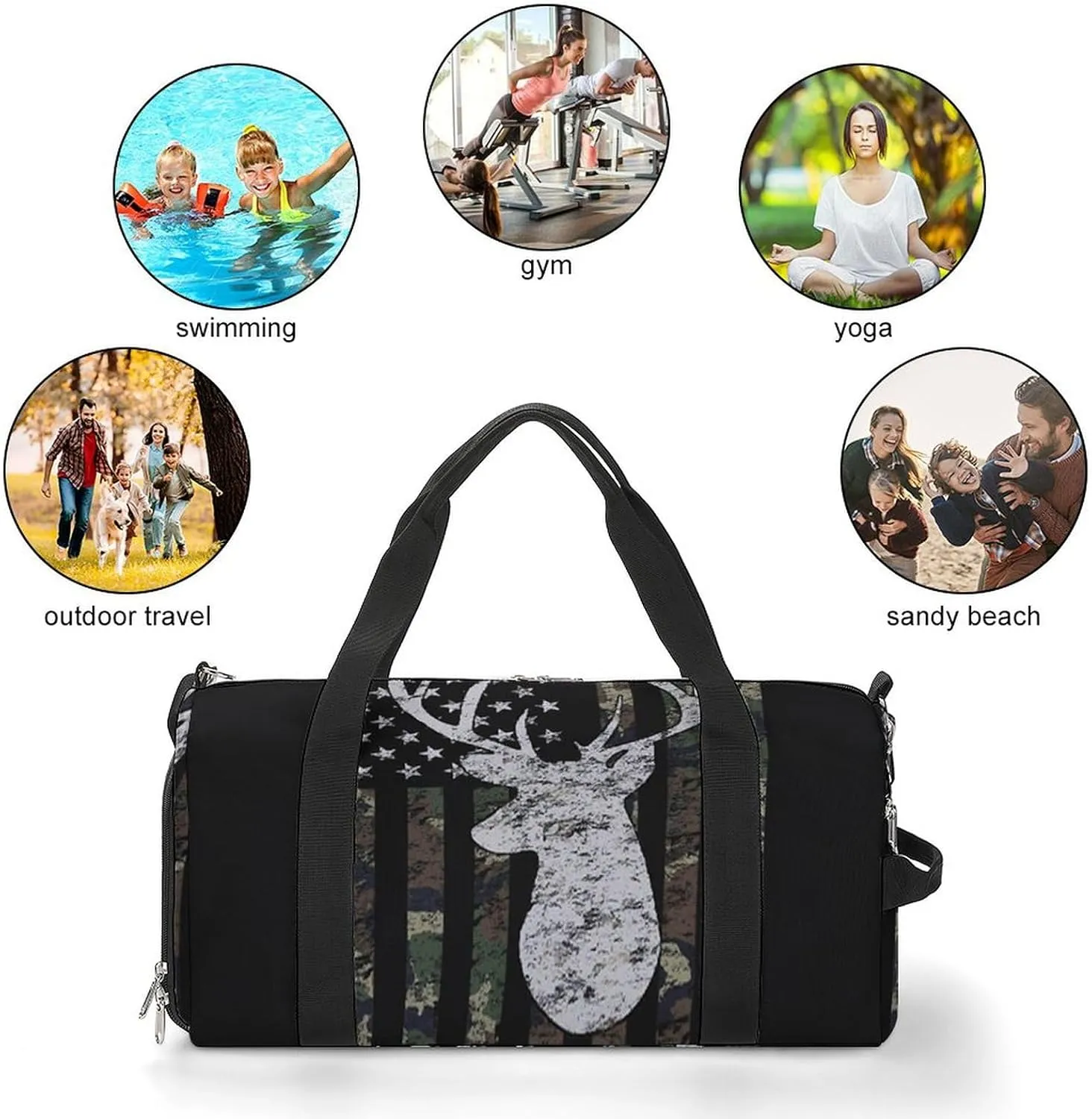 Deer Camo Camouflage American Flag Hunting Black Pattern A Fitness Bag with Large Storage Space Is Suitable for Portable Outdoor Use