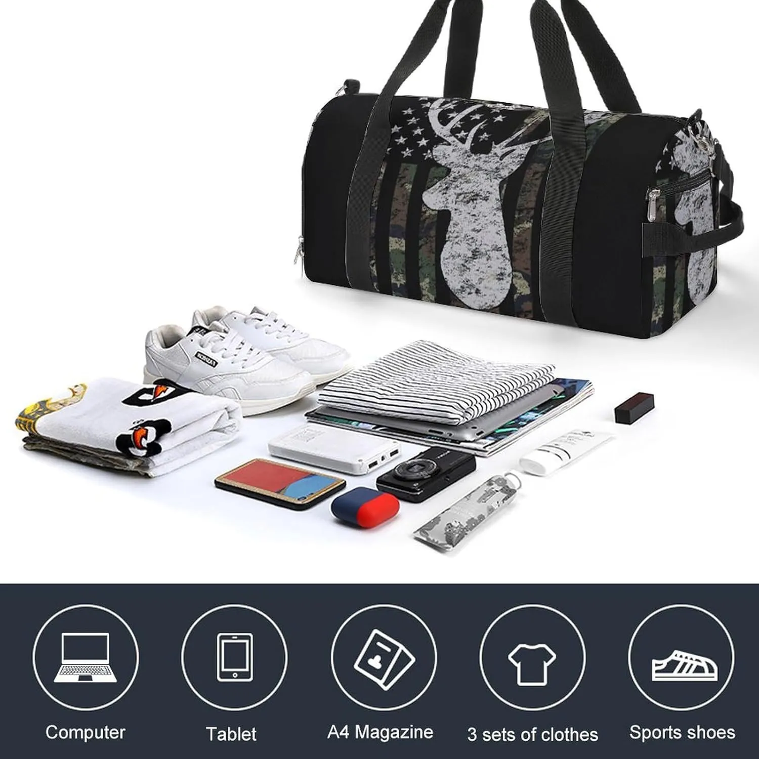 Deer Camo Camouflage American Flag Hunting Black Pattern A Fitness Bag with Large Storage Space Is Suitable for Portable Outdoor Use