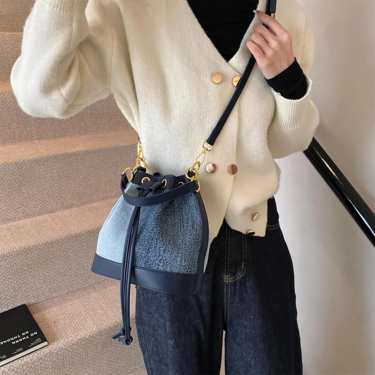 Denim Bucket Bag for Women Handbag Trendy Jean Purse Drawstring Crossbody Shoulder Bag