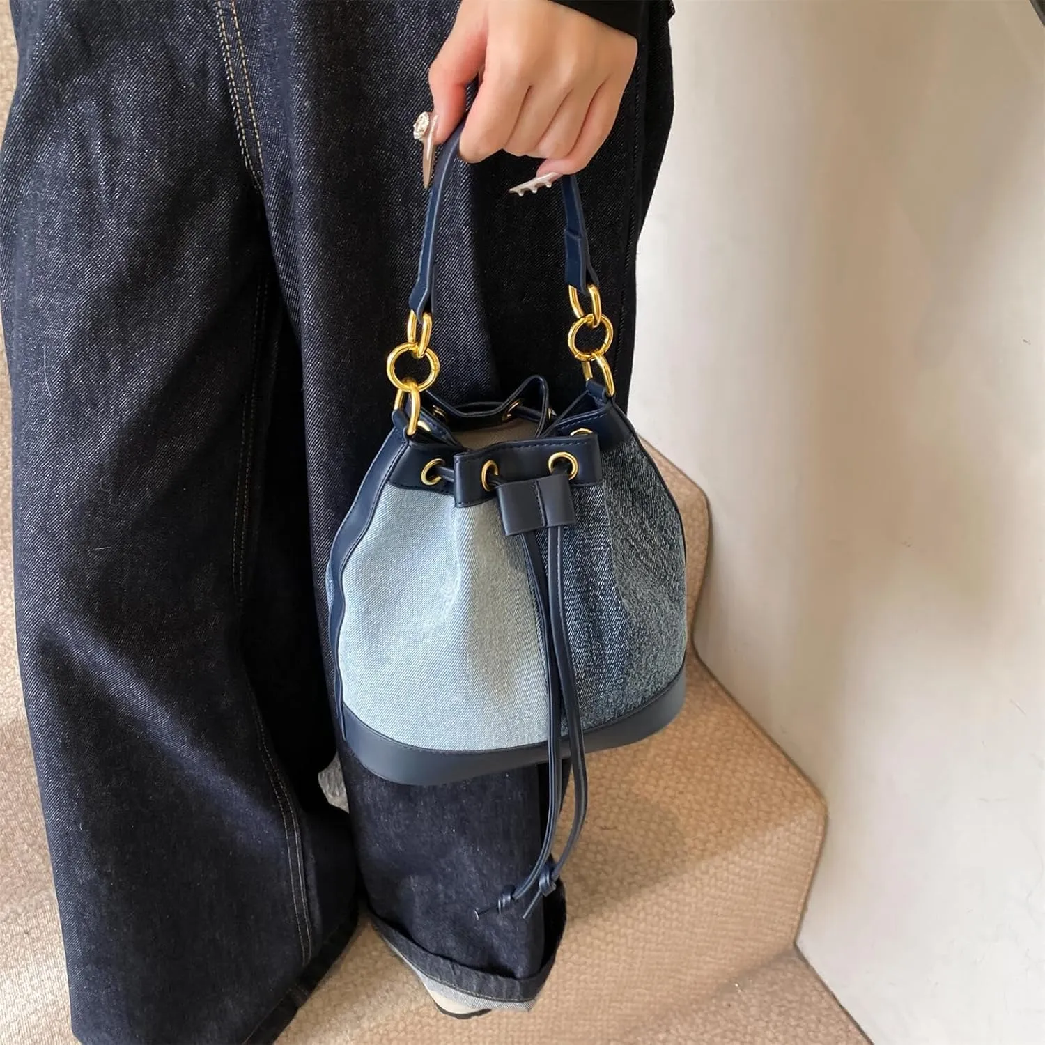 Denim Bucket Bag for Women Handbag Trendy Jean Purse Drawstring Crossbody Shoulder Bag