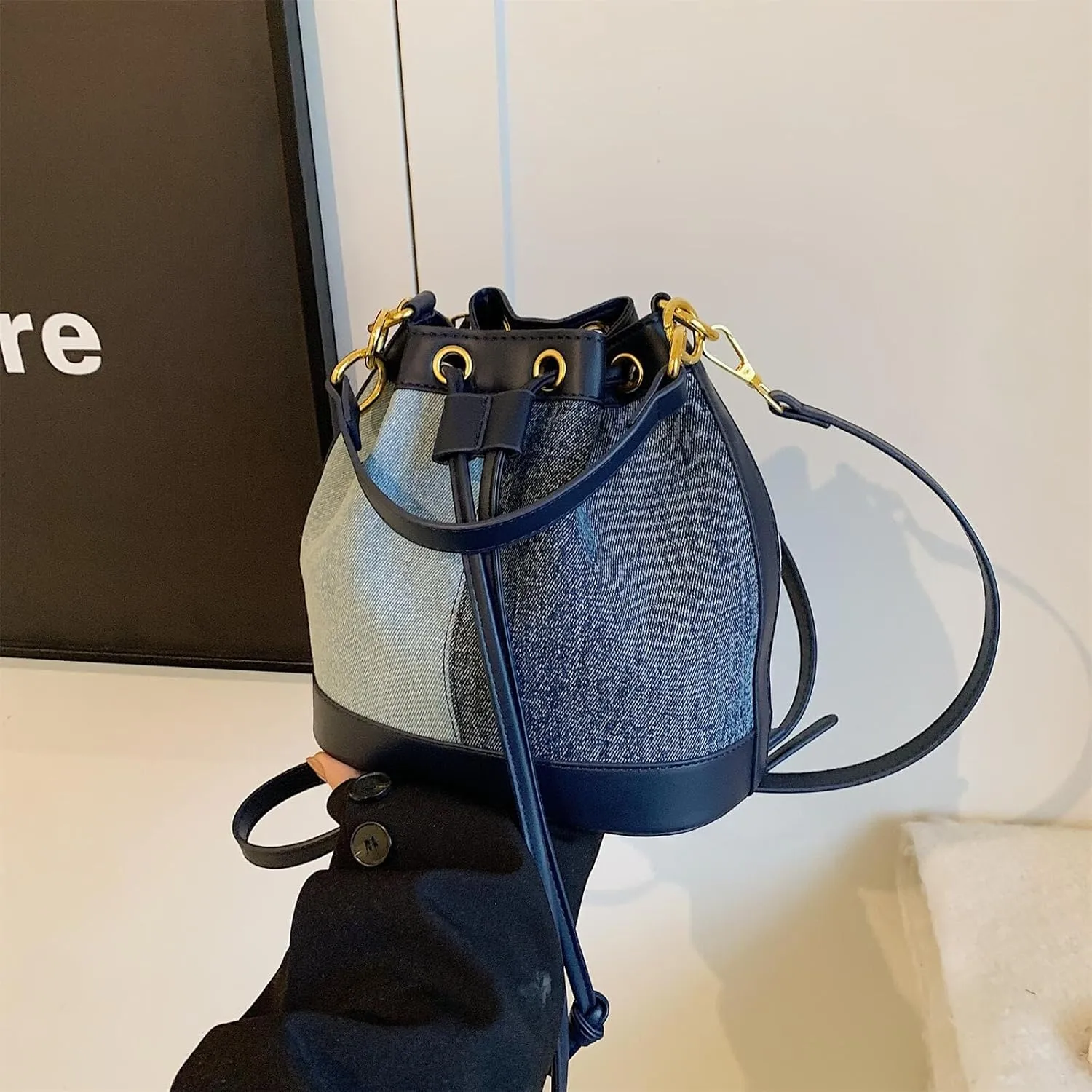 Denim Bucket Bag for Women Handbag Trendy Jean Purse Drawstring Crossbody Shoulder Bag