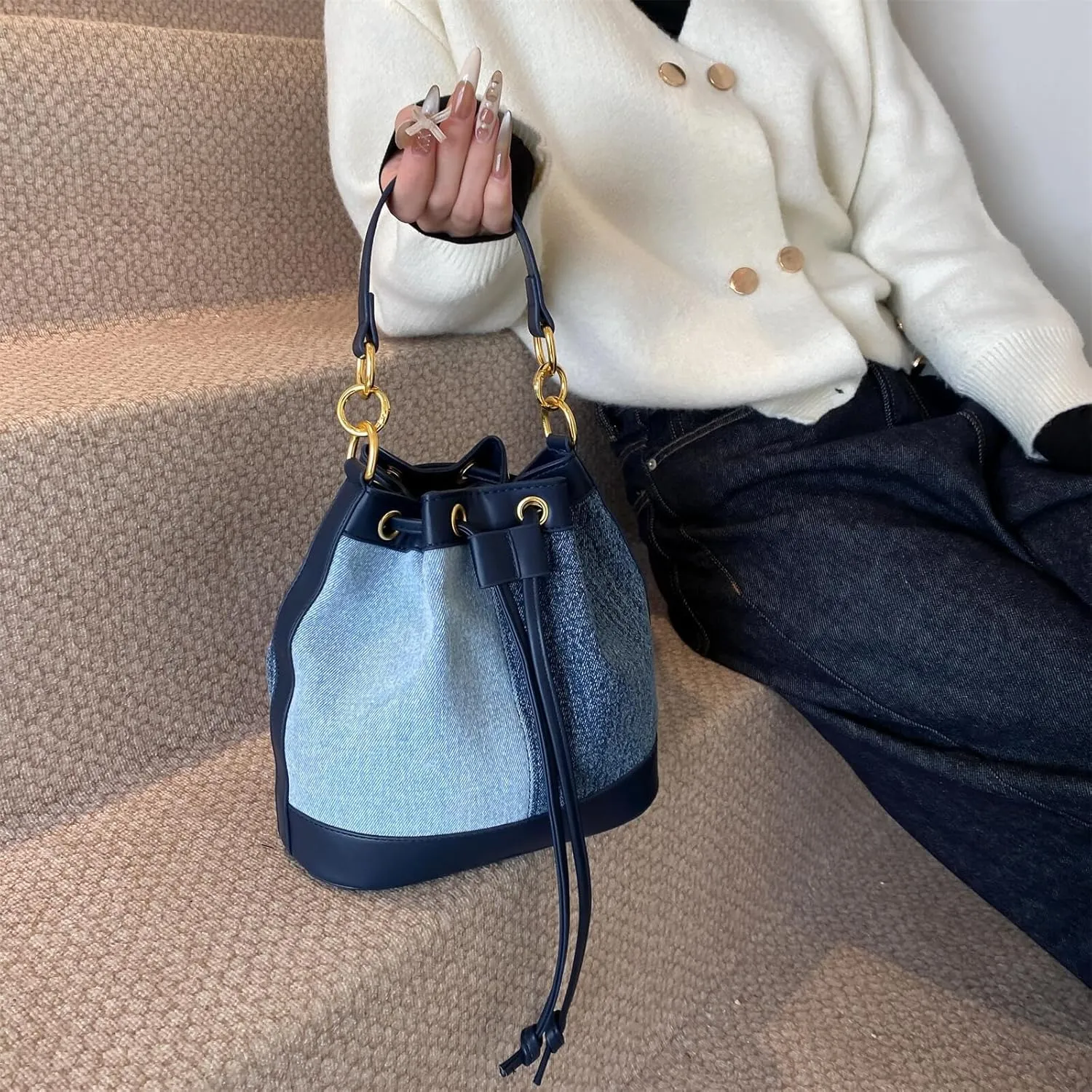 Denim Bucket Bag for Women Handbag Trendy Jean Purse Drawstring Crossbody Shoulder Bag