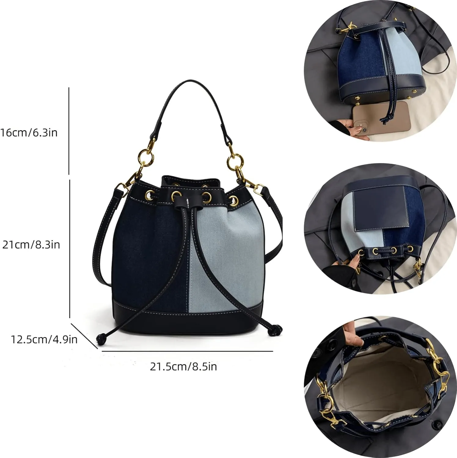 Denim Bucket Bag for Women Handbag Trendy Jean Purse Drawstring Crossbody Shoulder Bag