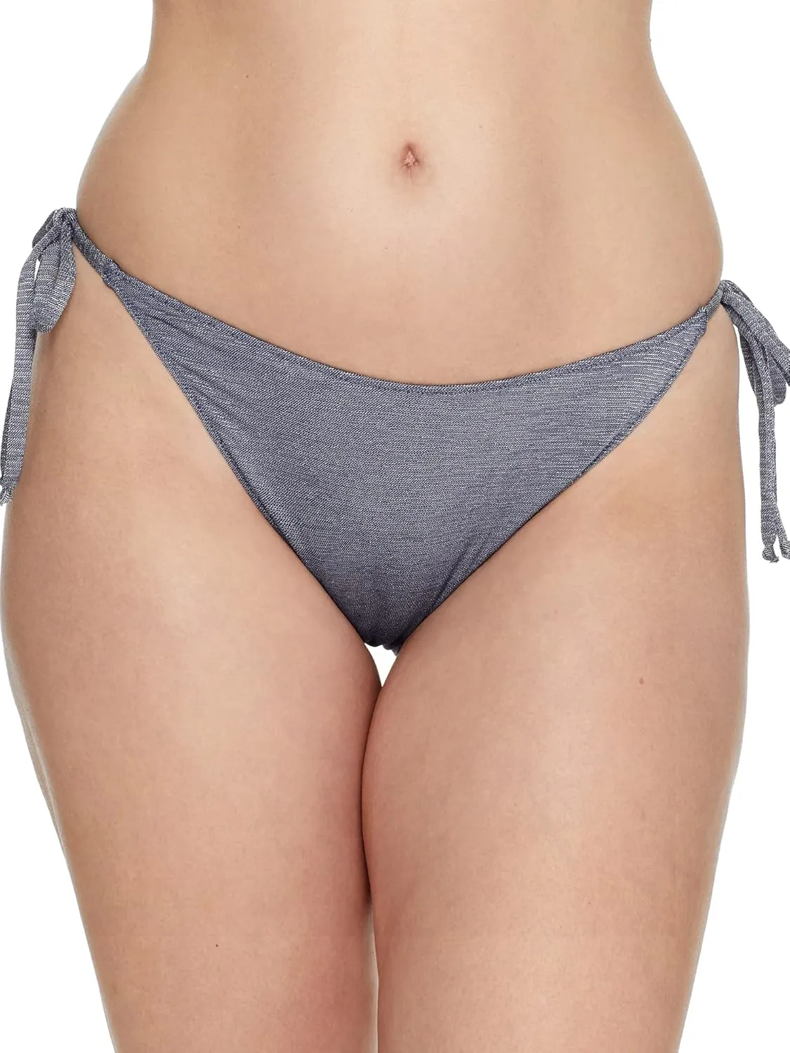 Denim Lurex Brazilian Side Tie Bikini Bottom, L, Blue Silver
