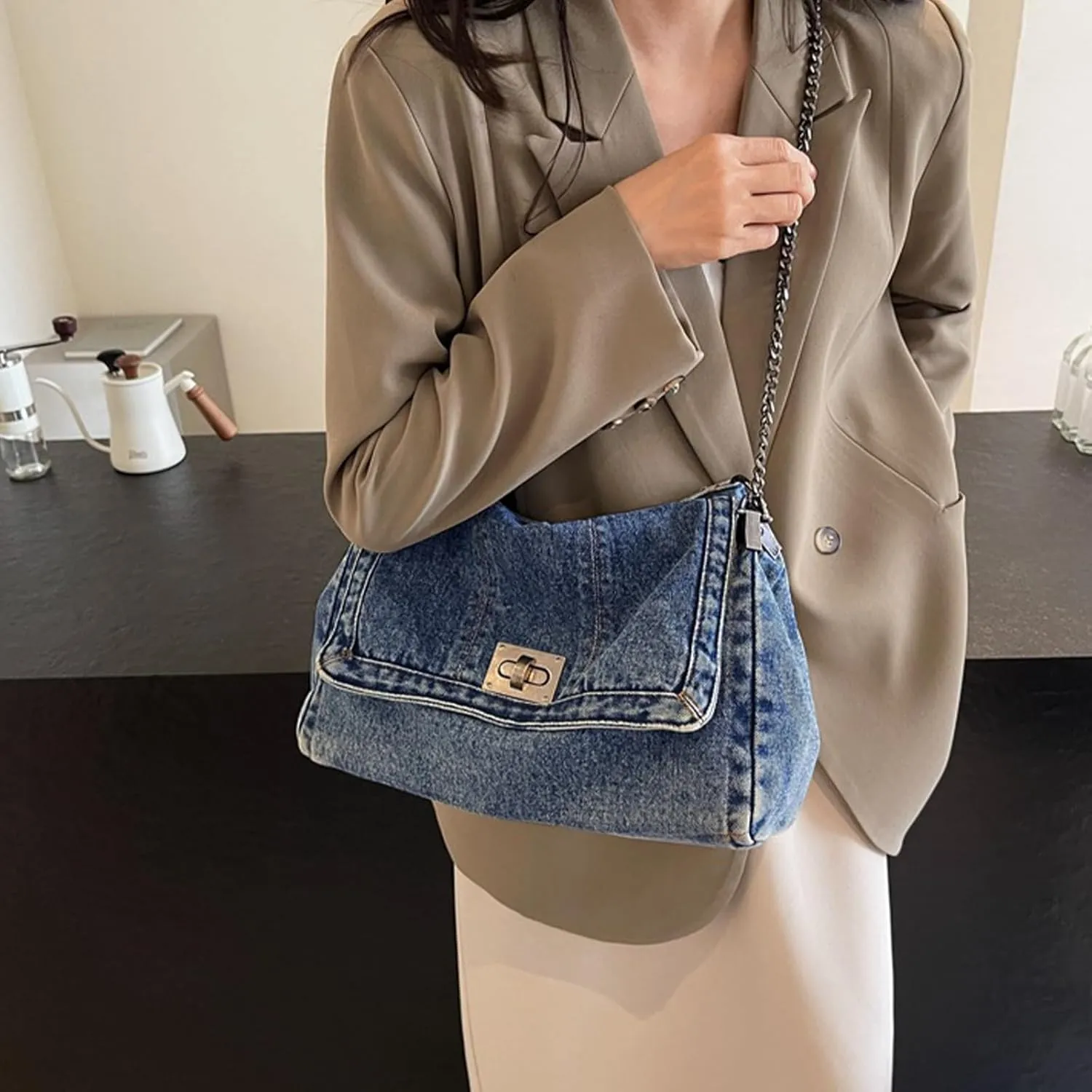 Denim Purse for Women Jean Purses Tote Bag for Womens Handbags Work Bags Jean Shoulder Bag Trendy Crossbody Bags