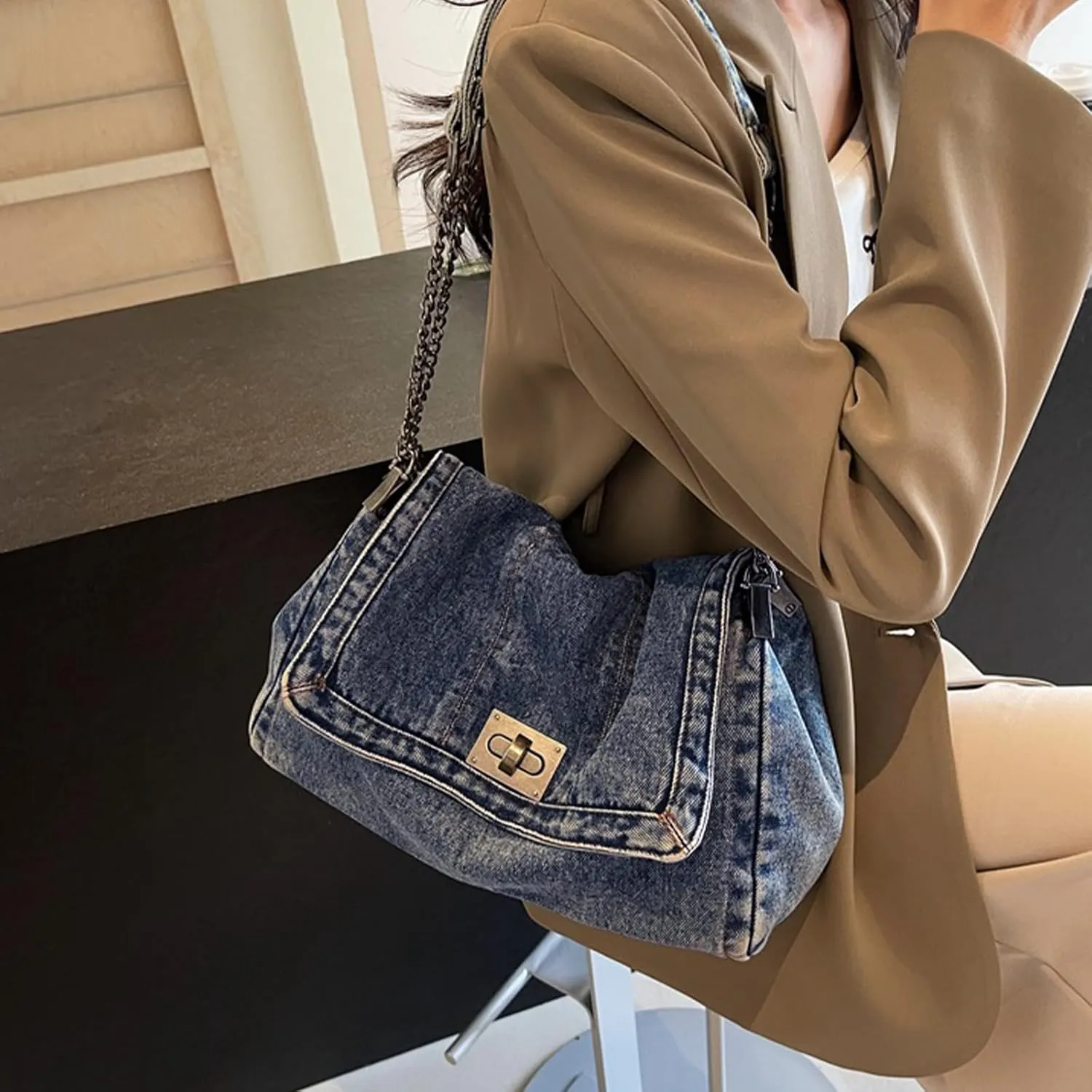 Denim Purse for Women Jean Purses Tote Bag for Womens Handbags Work Bags Jean Shoulder Bag Trendy Crossbody Bags