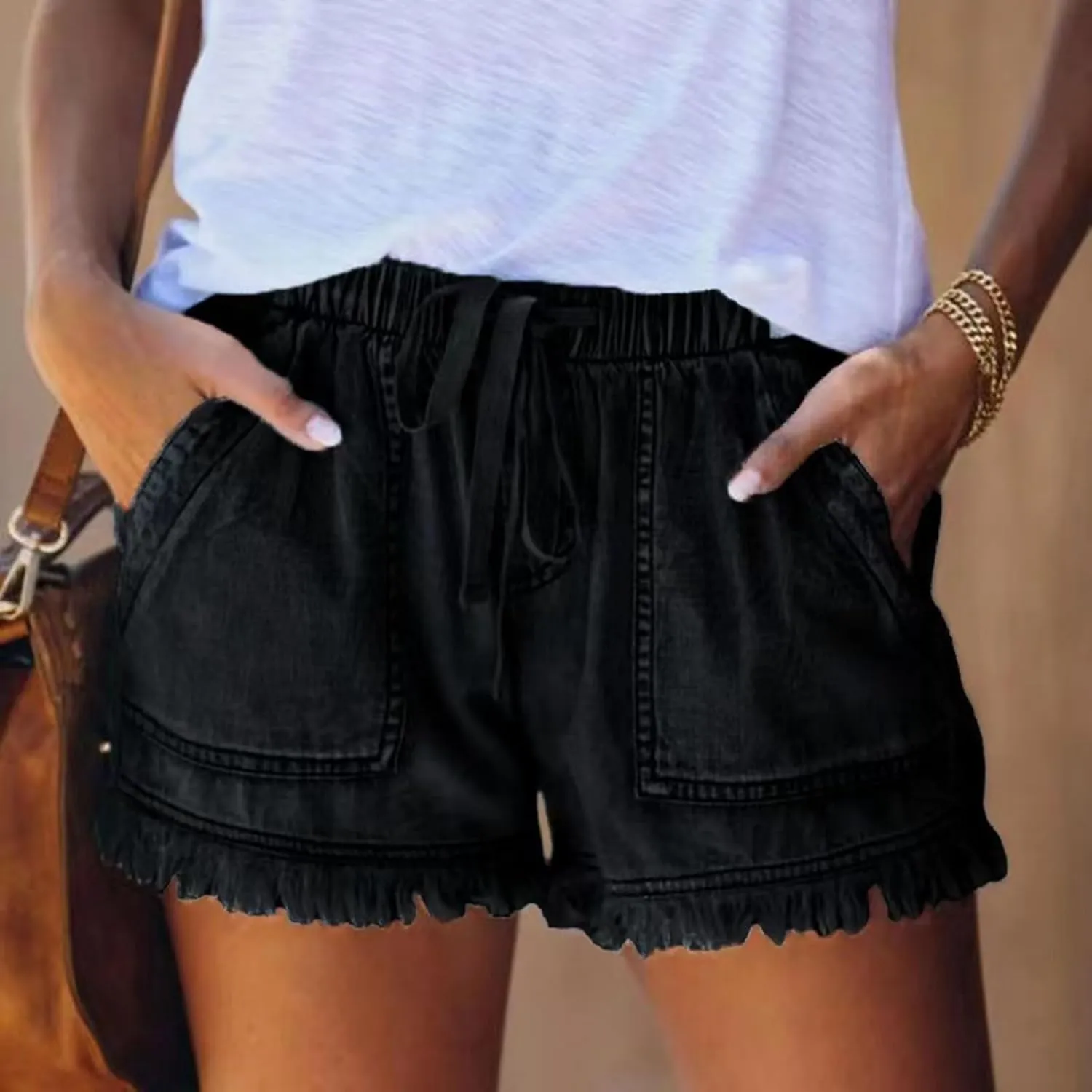 Denim Shorts for Women Casual Drawstring Elastic Waist Shorts Baggy Frayed Raw Hem Summer Comfy Jeans Short with Pockets