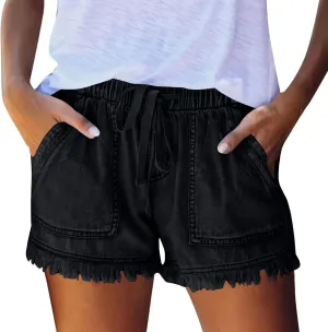Denim Shorts for Women Casual Drawstring Elastic Waist Shorts Baggy Frayed Raw Hem Summer Comfy Jeans Short with Pockets