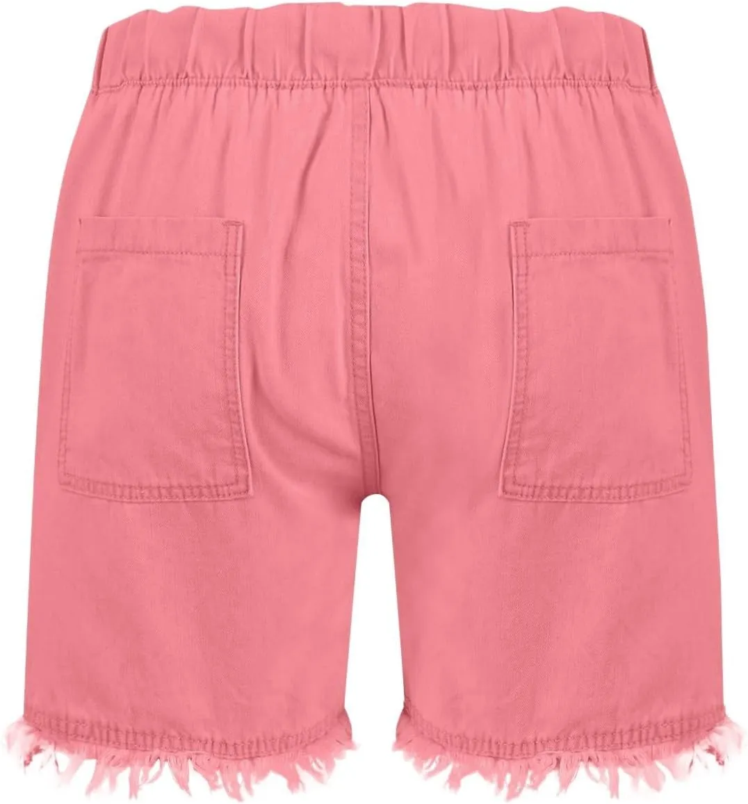 Denim Shorts for Women Casual Drawstring Elastic Waist Shorts Baggy Frayed Raw Hem Summer Comfy Jeans Short with Pockets