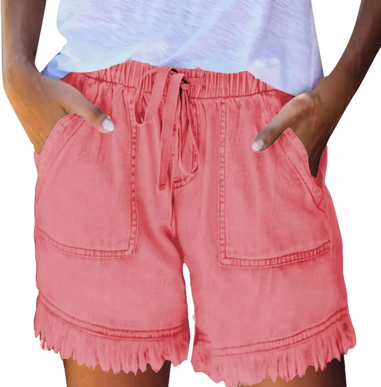 Denim Shorts for Women Casual Drawstring Elastic Waist Shorts Baggy Frayed Raw Hem Summer Comfy Jeans Short with Pockets